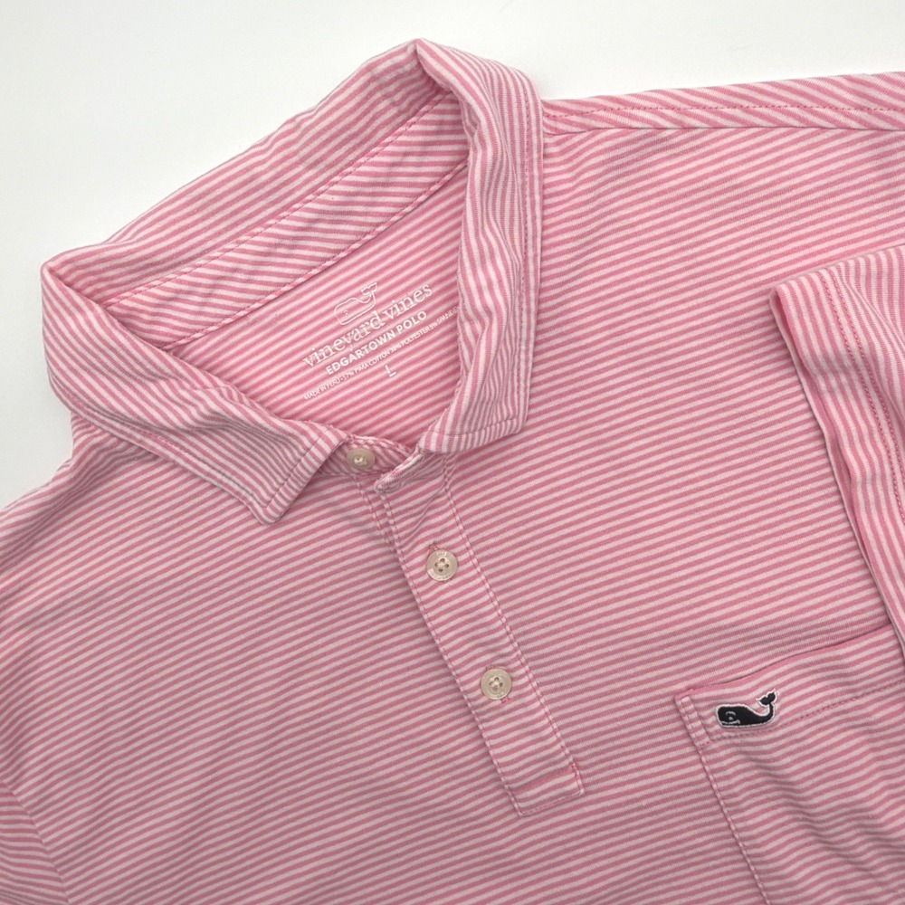Vineyard Vines Edgartown Polo Shirt Mens Large Pink White Striped Pima Cotton L